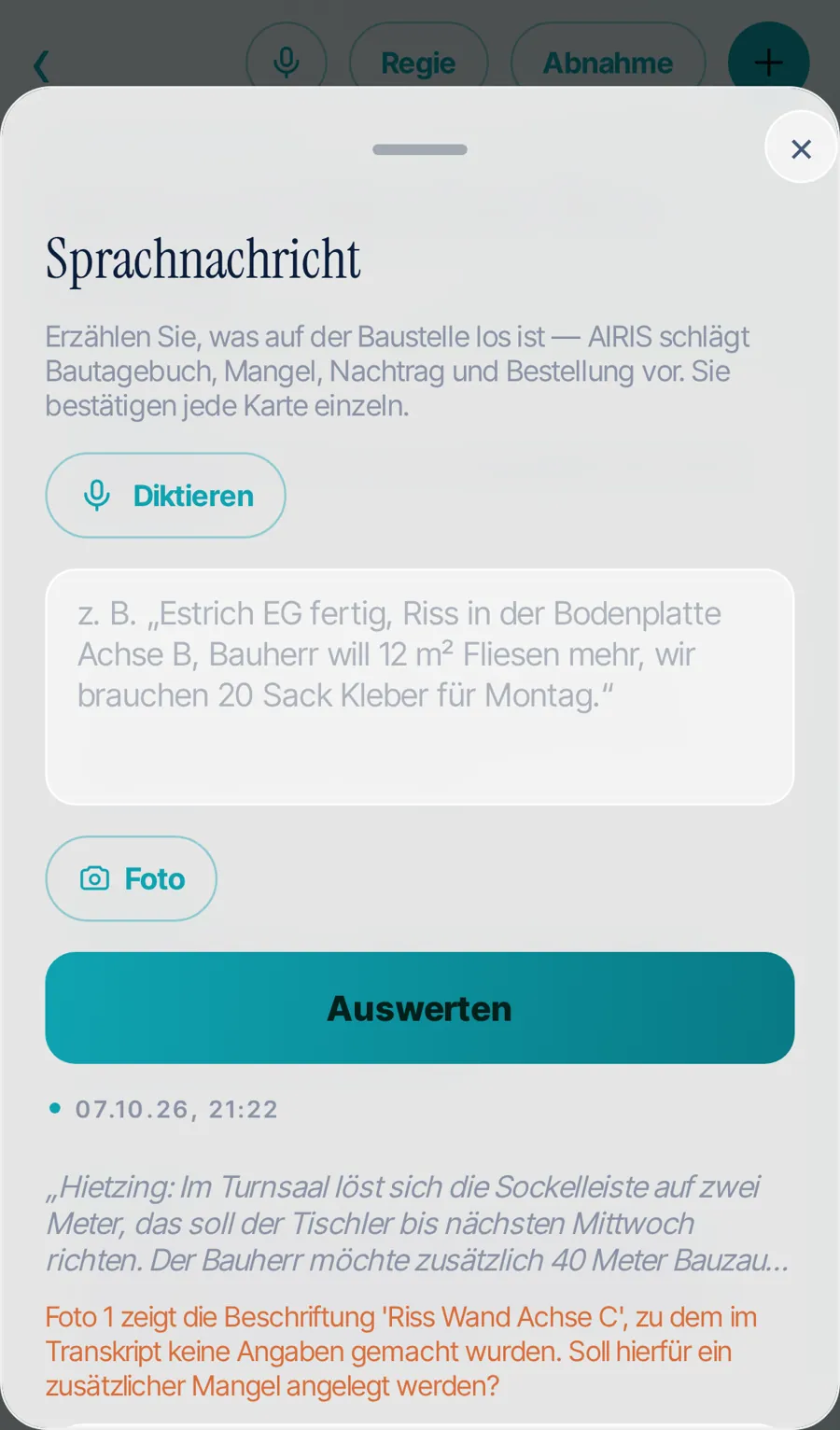 Voice message from the construction site: AIRIS turns it into a construction diary, addendum, and order (Demonstration construction company)