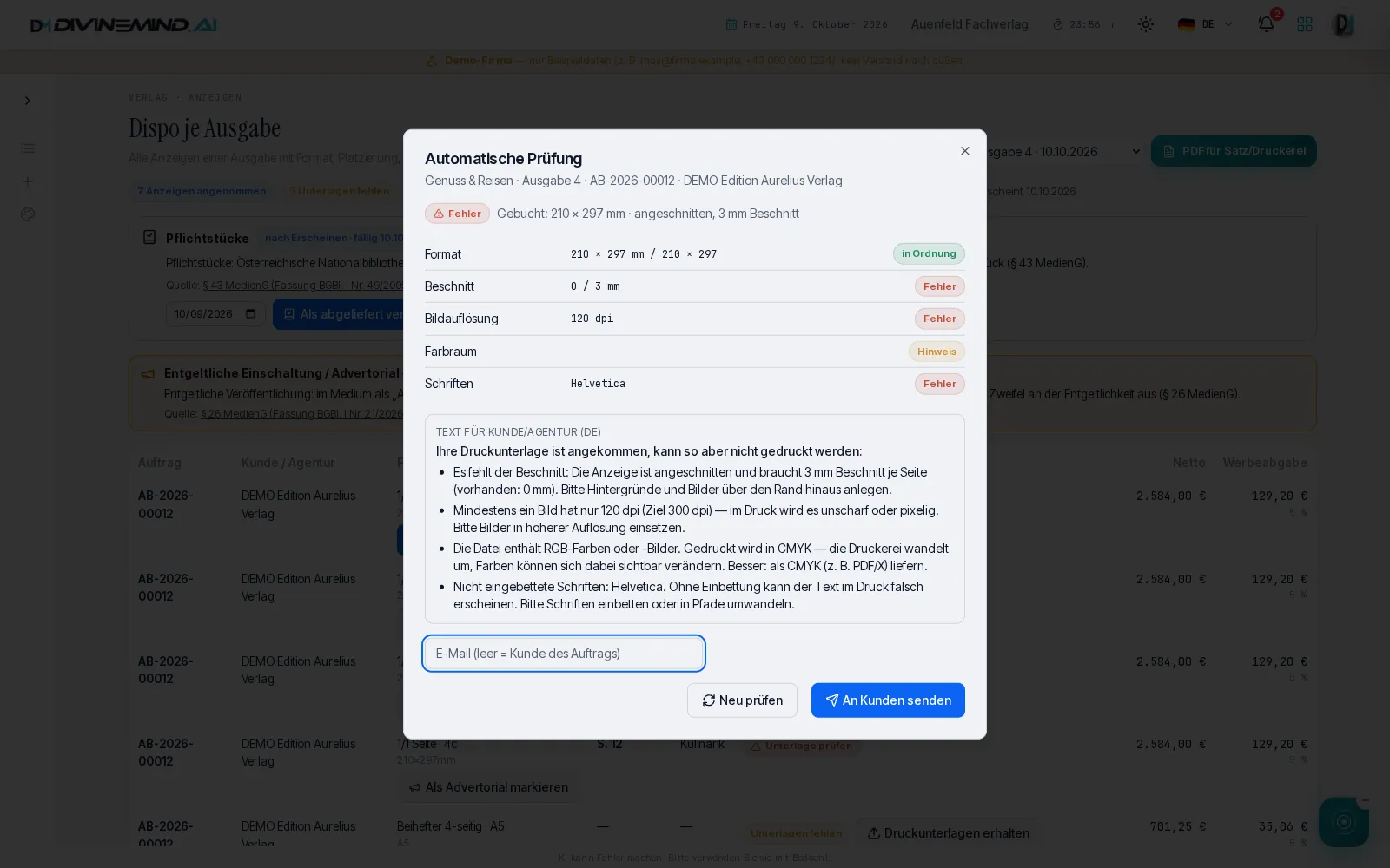 Automatic check of print documents from an email, with a pre-prepared reply text to the customer (demonstration company)