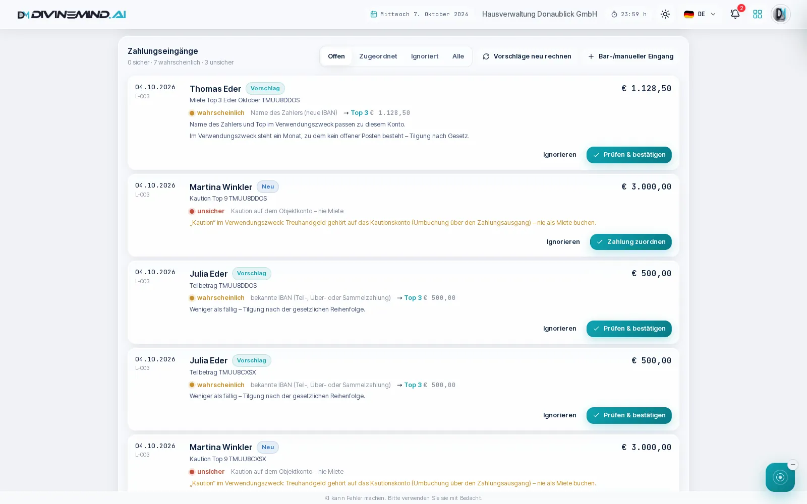 Payment receipts of a demo property management company: AIRIS suggests the allocation to tenants