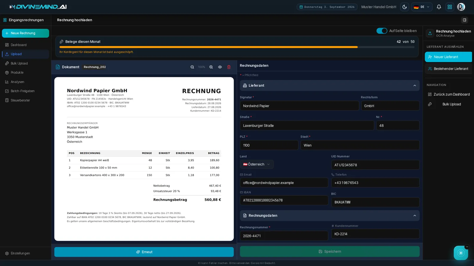 Recording an incoming invoice: AIRIS has read out the supplier, amounts, and bank details (demo company)