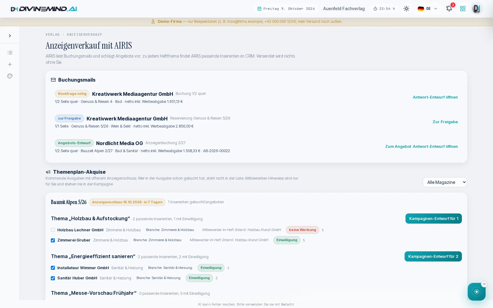 Advertising sales with AIRIS: Booking emails, draft replies, and suitable advertisers per topic (Demo Publishing House)
