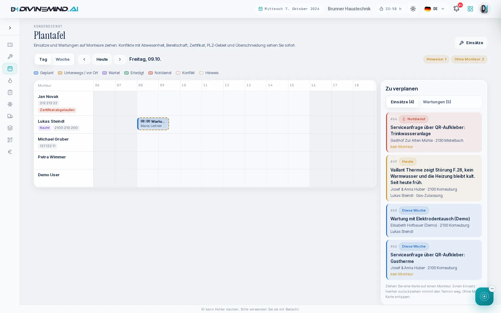 Schedule of a demonstration installation company: Deployments and maintenance tasks that AIRIS has prepared for planning