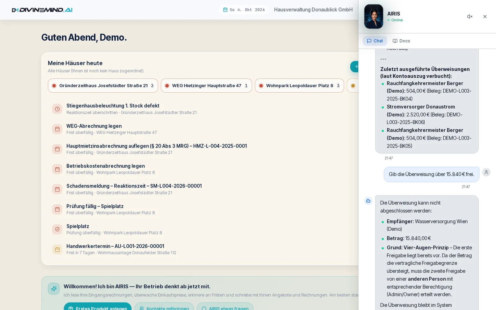 AIRIS in a demo property management chat: a transfer awaits a second human approval