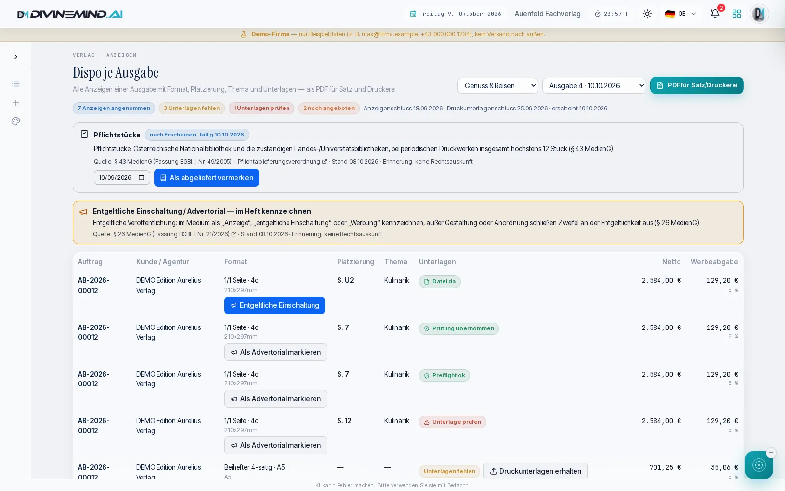 Ad layout per edition with print material status (preview publisher)
