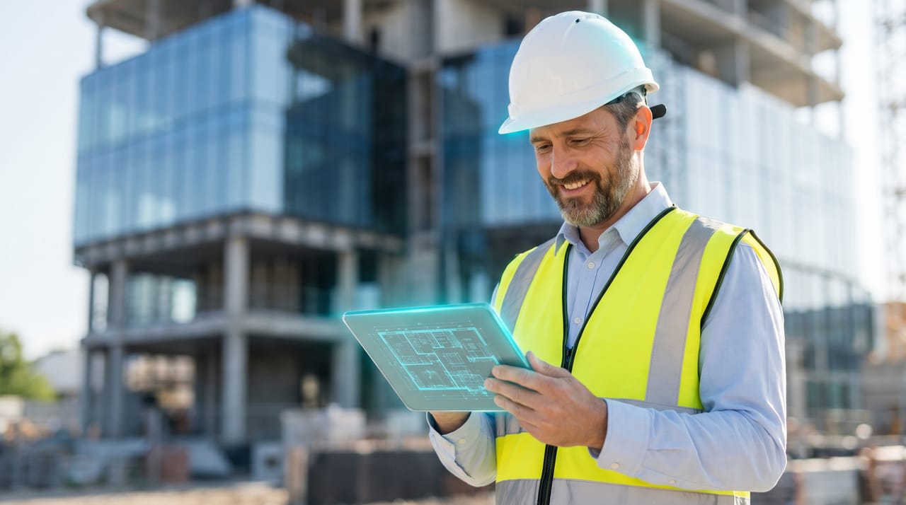 Bauleiter prüft den digitalen Bauplan am Tablet auf der Baustelle