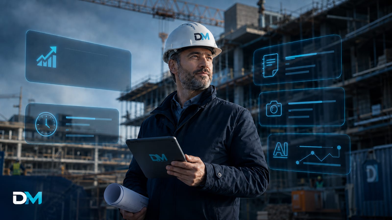 Bauleiter prüft den digitalen Bauplan am Tablet auf der Baustelle
